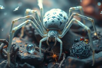 Ragno bianco su roccia con decorazioni intricate e accessori.