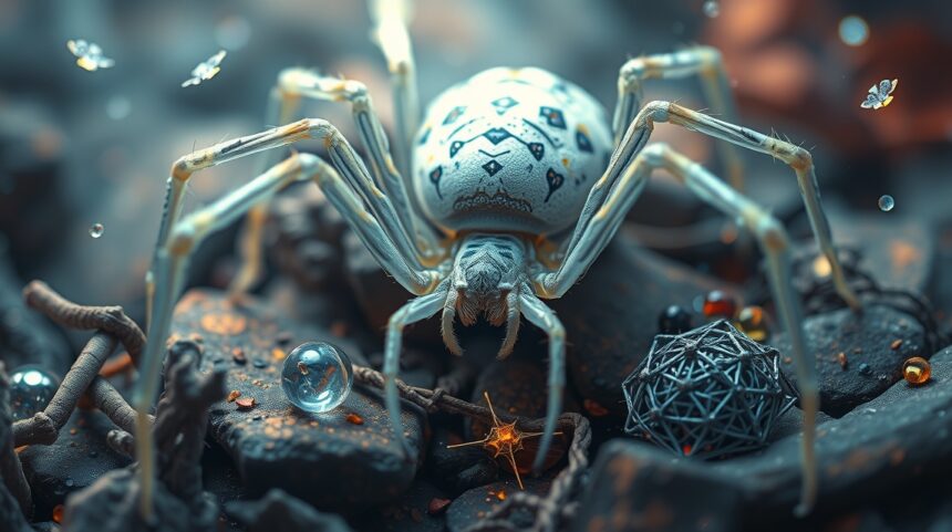 Ragno bianco su roccia con decorazioni intricate e accessori.