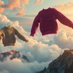 Maglioni di lana sospesi tra le nuvole al tramonto