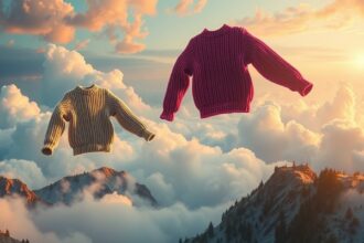 Maglioni di lana sospesi tra le nuvole al tramonto