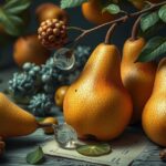 Pere mature e frutta fresca con foglie su sfondo scuro