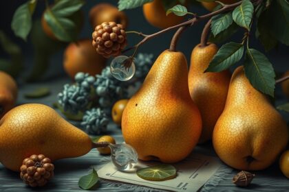 Pere mature e frutta fresca con foglie su sfondo scuro