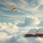 Anelli nuziali sopra un libro tra le nuvole, simbolo di sogni di matrimonio