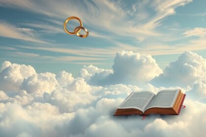 Anelli nuziali sopra un libro tra le nuvole, simbolo di sogni di matrimonio