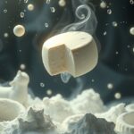 Mozzarella in un'atmosfera onirica con nuvole di panna e sfere bianche.