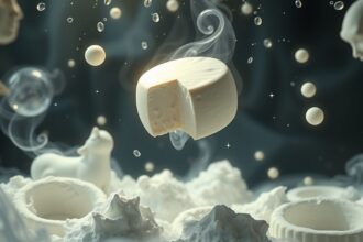 Mozzarella in un'atmosfera onirica con nuvole di panna e sfere bianche.