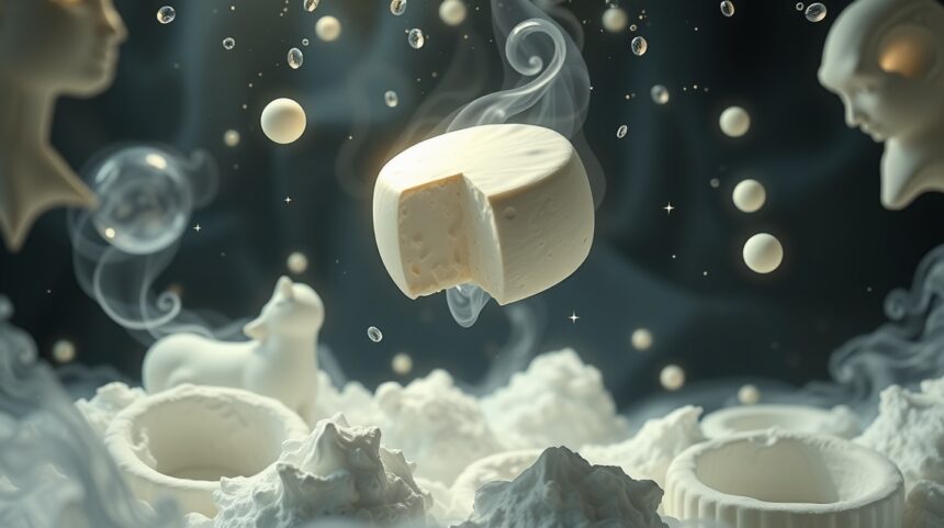 Mozzarella in un'atmosfera onirica con nuvole di panna e sfere bianche.
