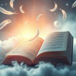 Piume fluttuanti sopra un libro luminoso tra le nuvole.