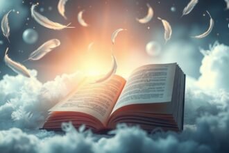 Piume fluttuanti sopra un libro luminoso tra le nuvole.