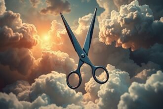 Forbici sospese tra le nuvole, simbolo di decisioni e tagli netti.