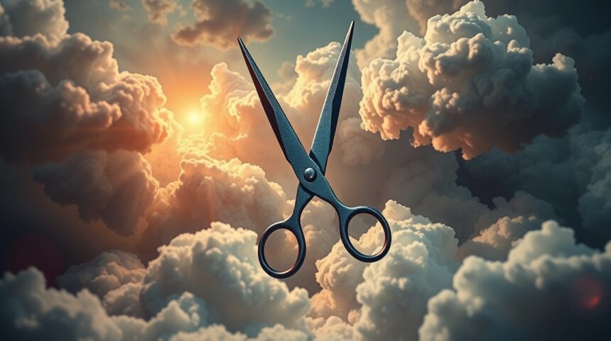 Forbici sospese tra le nuvole, simbolo di decisioni e tagli netti.