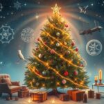 Albero di Natale decorato con luci e regali, simbolo di famiglia e tradizione.