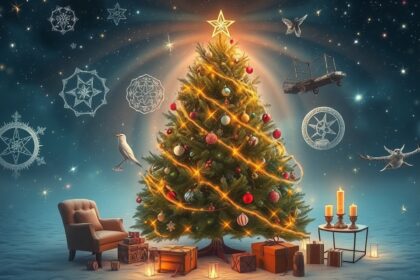 Albero di Natale decorato con luci e regali, simbolo di famiglia e tradizione.