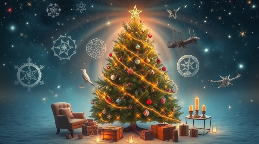 Albero di Natale decorato con luci e regali, simbolo di famiglia e tradizione.