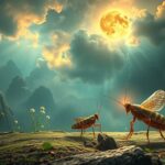 Due grilli nel paesaggio sotto la luna e i raggi di sole