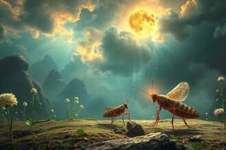 Due grilli nel paesaggio sotto la luna e i raggi di sole