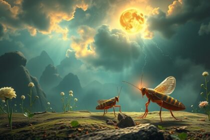 Due grilli nel paesaggio sotto la luna e i raggi di sole