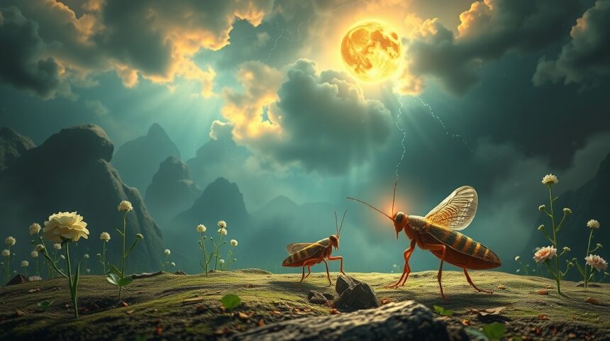 Due grilli nel paesaggio sotto la luna e i raggi di sole