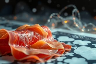 Fette di prosciutto crudo affettato su uno sfondo elegante