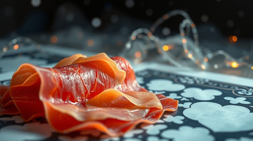 Fette di prosciutto crudo affettato su uno sfondo elegante