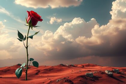 Una rosa rossa nel deserto, simbolo di lutto e emozioni forti.