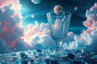 Bicchiere rotto tra i frammenti di vetro in un cielo stellato