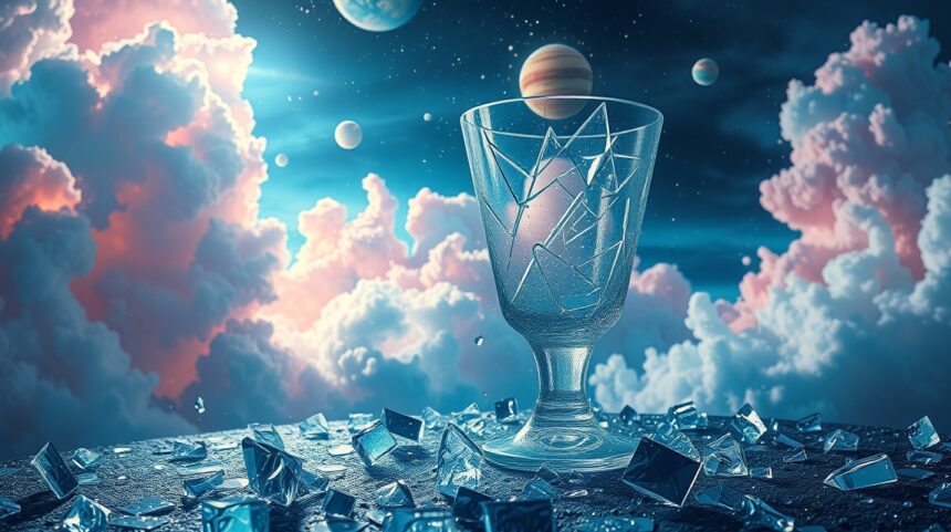 Bicchiere rotto tra i frammenti di vetro in un cielo stellato