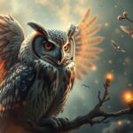 Civetta maestosa con ali spiegate e sfondo mistico.