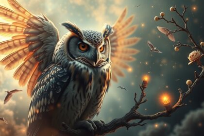 Civetta maestosa con ali spiegate e sfondo mistico.