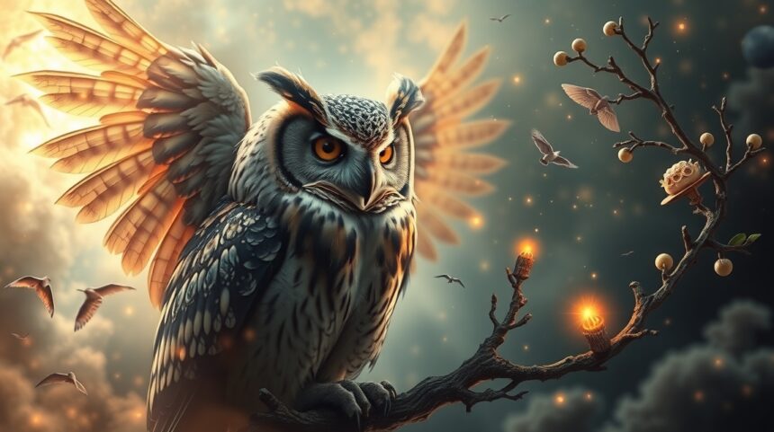 Civetta maestosa con ali spiegate e sfondo mistico.