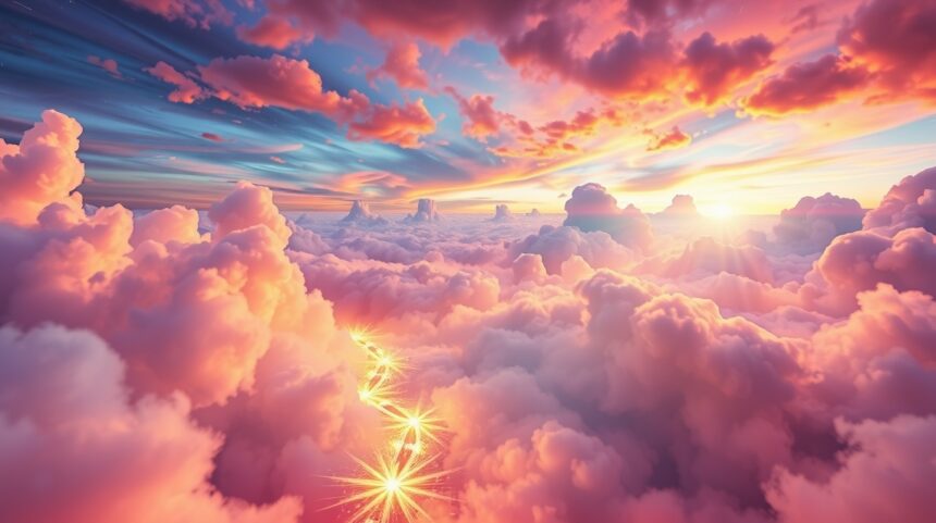 Cielo colorato con nuvole e raggi di sole in un sogno acceso