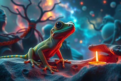 Geco luminoso in un ambiente mistico con una candela