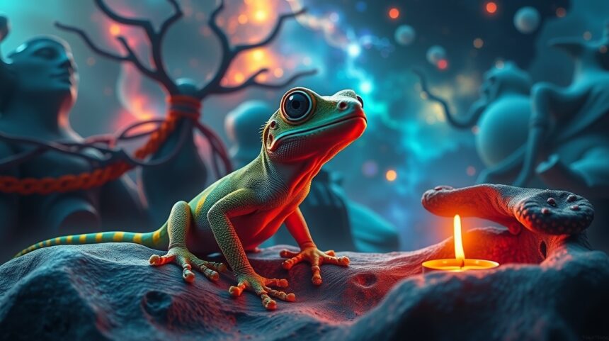 Geco luminoso in un ambiente mistico con una candela