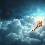 Chiave dorata illuminata tra le nuvole notturne stellate