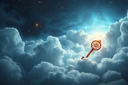 Chiave dorata illuminata tra le nuvole notturne stellate