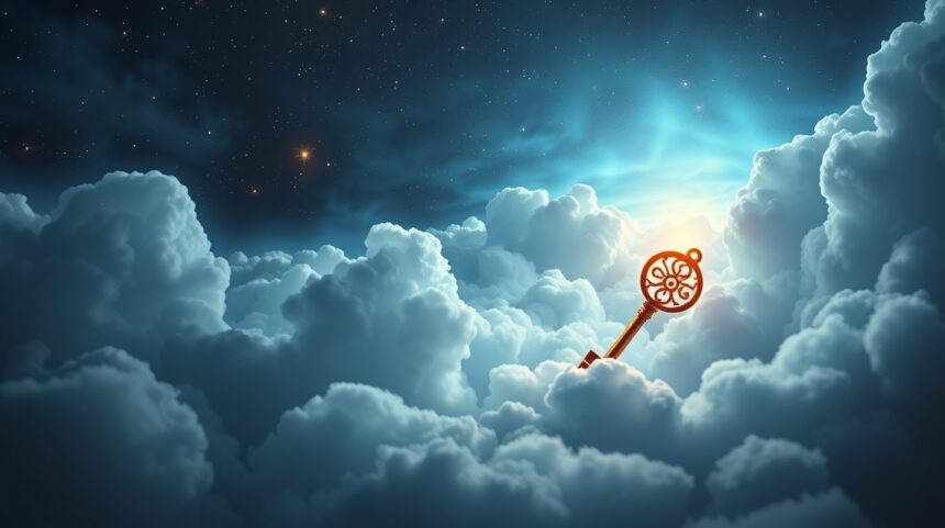 Chiave dorata illuminata tra le nuvole notturne stellate