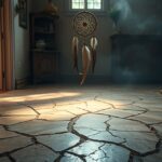 Pavimento rotto con un cattura sogni sospeso in una stanza