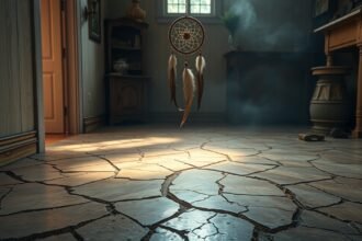 Pavimento rotto con un cattura sogni sospeso in una stanza