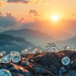 Diamanti brillanti su una roccia al tramonto