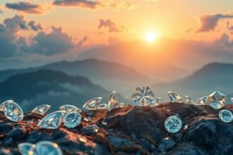 Diamanti brillanti su una roccia al tramonto