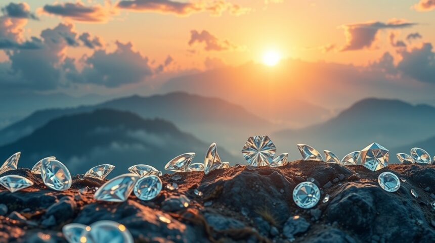 Diamanti brillanti su una roccia al tramonto