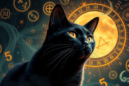 Gatto nero con sfondo di simboli misteriosi e astrali