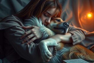 Donna abbraccia il suo cane in un momento di nostalgia e conforto.