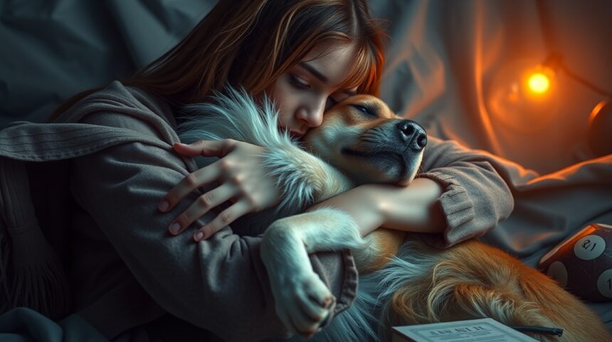 Donna abbraccia il suo cane in un momento di nostalgia e conforto.