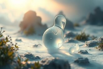 Oggetto in vetro trasparente immerso nella natura.