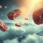 Fette di carne fluttuanti tra le nuvole simbolo di forza e energia
