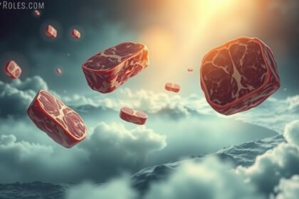 Fette di carne fluttuanti tra le nuvole simbolo di forza e energia