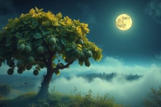 Albero di fichi sotto la luna piena avvolto nella nebbia