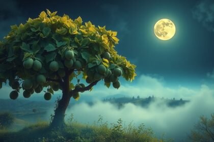 Albero di fichi sotto la luna piena avvolto nella nebbia