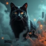 Gatto nero misterioso tra fumi e fiamme